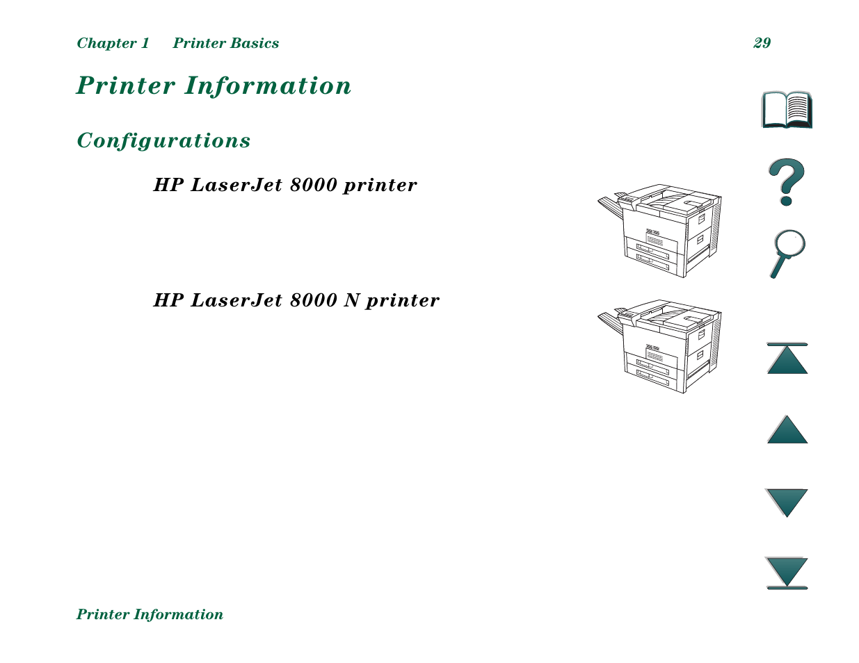 Printer information, Configurations | HP LaserJet 8000 Multifunction Printer series User Manual | Page 29 / 362