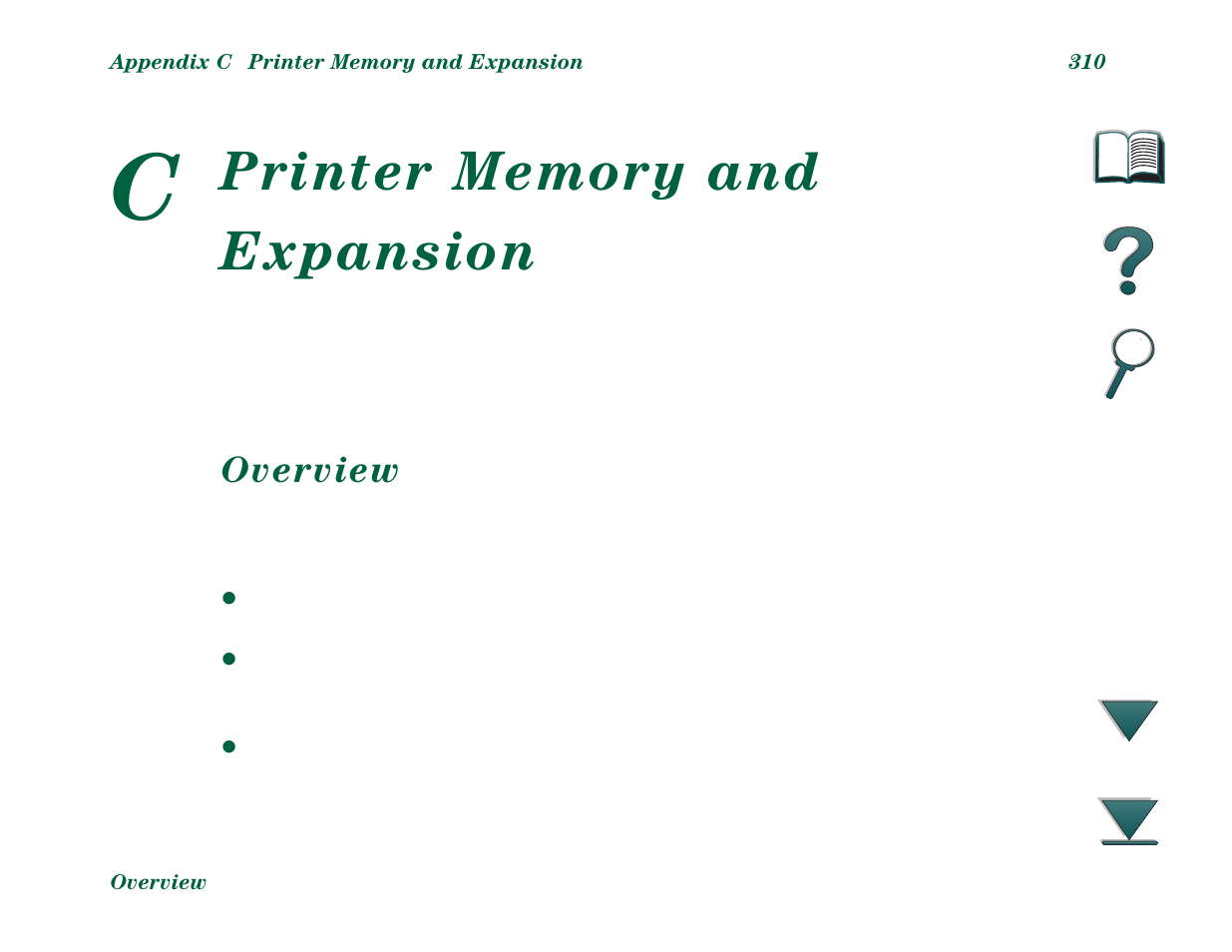 Printer memory and expansion, Overview, Appendix c printer memory and expansion | HP LaserJet 8000 Multifunction Printer series User Manual | Page 310 / 362