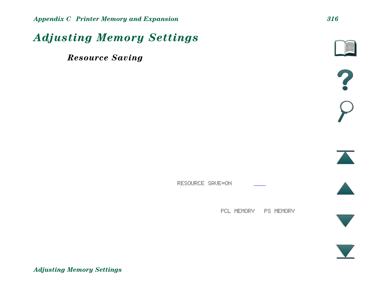 Adjusting memory settings, Resource saving | HP LaserJet 8000 Multifunction Printer series User Manual | Page 316 / 362
