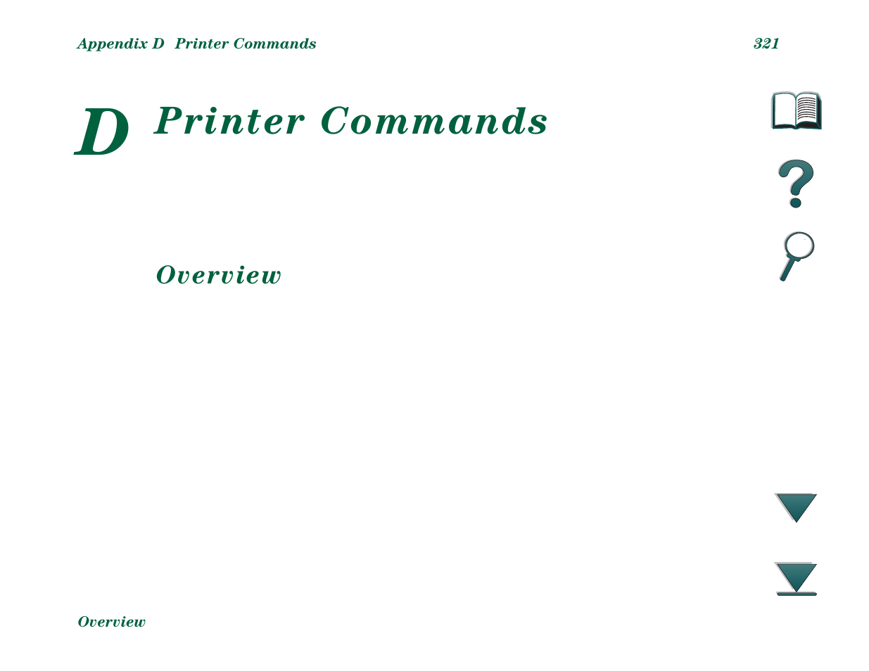 Printer commands, Overview, Appendix d printer commands | HP LaserJet 8000 Multifunction Printer series User Manual | Page 321 / 362