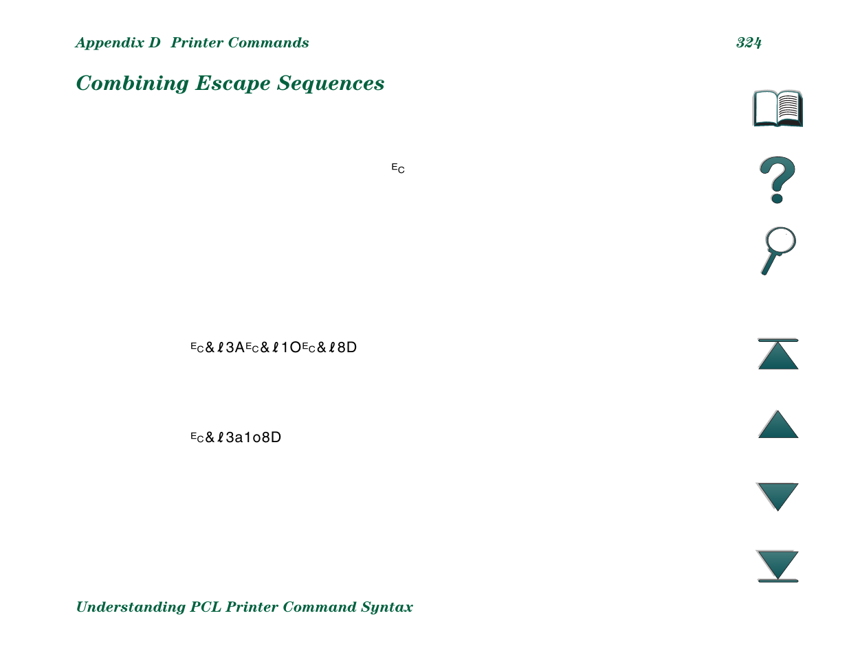 Combining escape sequences | HP LaserJet 8000 Multifunction Printer series User Manual | Page 324 / 362