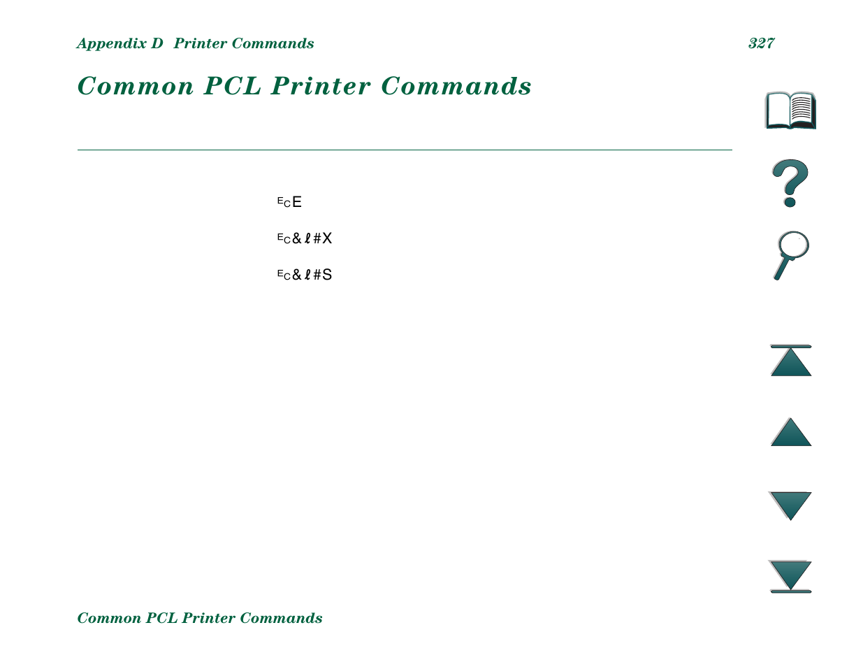 Common pcl printer commands | HP LaserJet 8000 Multifunction Printer series User Manual | Page 327 / 362