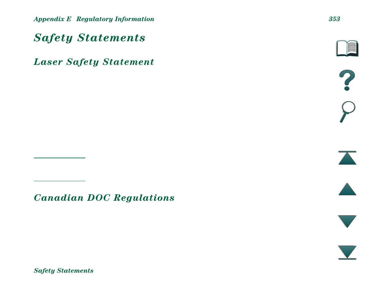 Safety statements, Laser safety statement, Canadian doc regulations | HP LaserJet 8000 Multifunction Printer series User Manual | Page 353 / 362