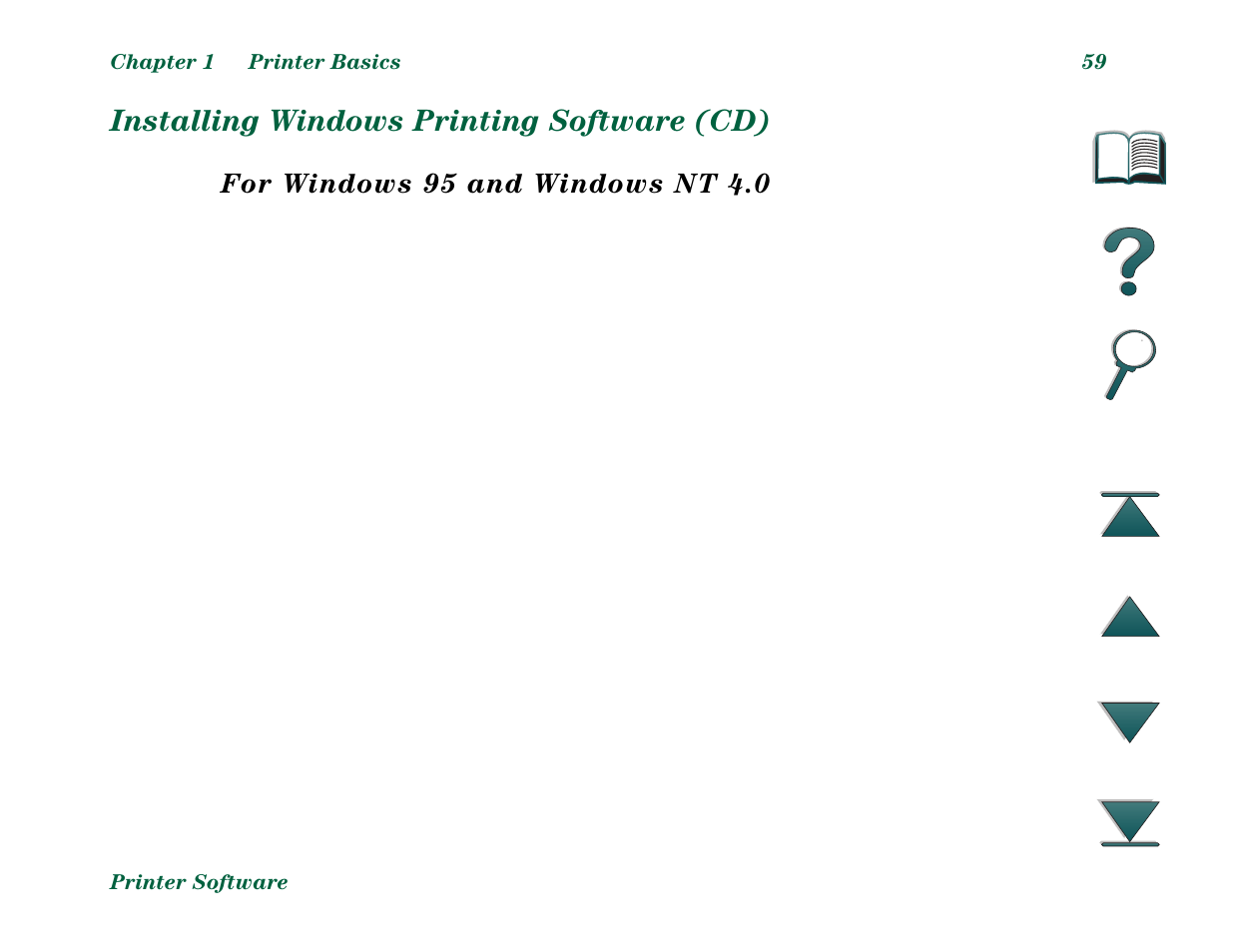 Installing windows printing software (cd), For windows 95 and windows nt 4.0 | HP LaserJet 8000 Multifunction Printer series User Manual | Page 59 / 362