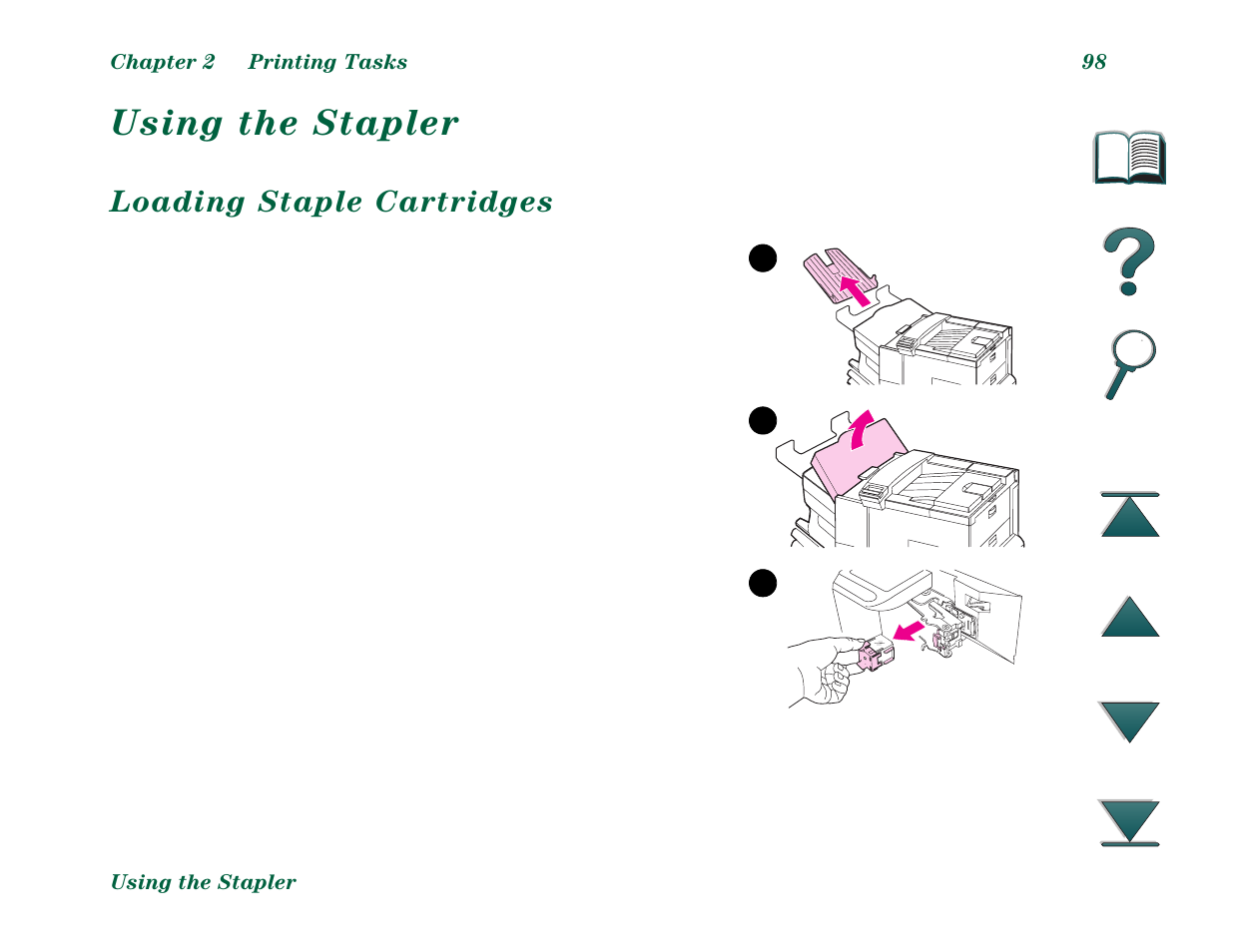Using the stapler, Loading staple cartridges | HP LaserJet 8000 Multifunction Printer series User Manual | Page 98 / 362