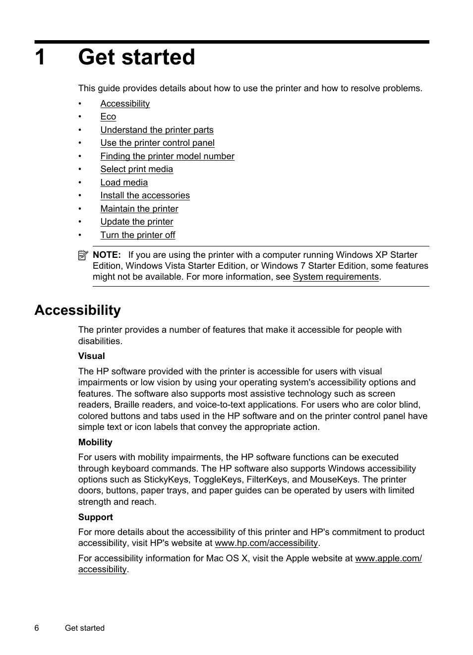 Get started, Accessibility, 1get started | HP Officejet Pro 8100 ePrinter - N811a N811d User Manual | Page 10 / 152