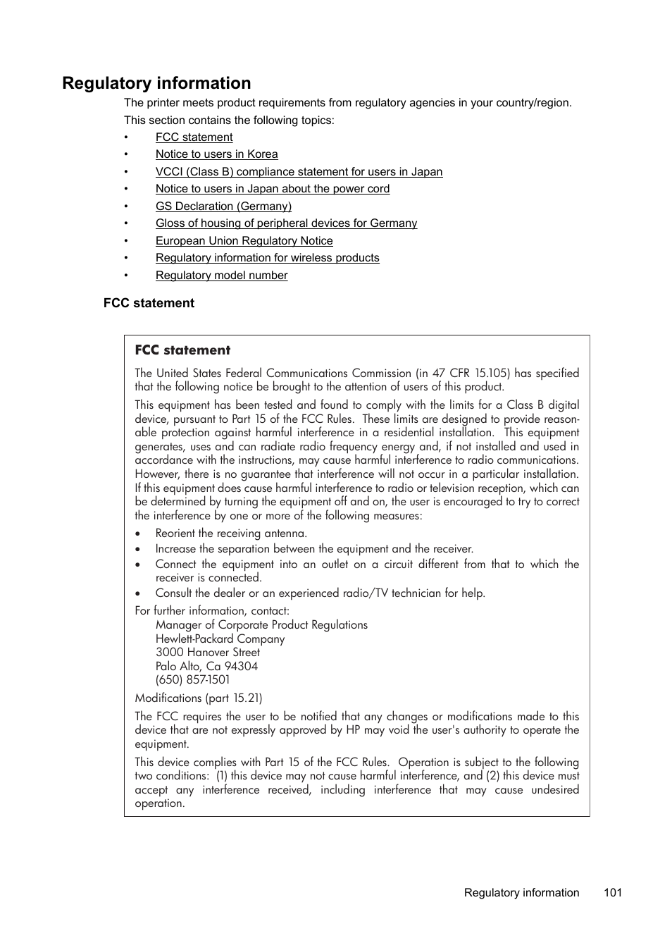 Regulatory information, Fcc statement, Regulatory model number | HP Officejet Pro 8100 ePrinter - N811a N811d User Manual | Page 105 / 152