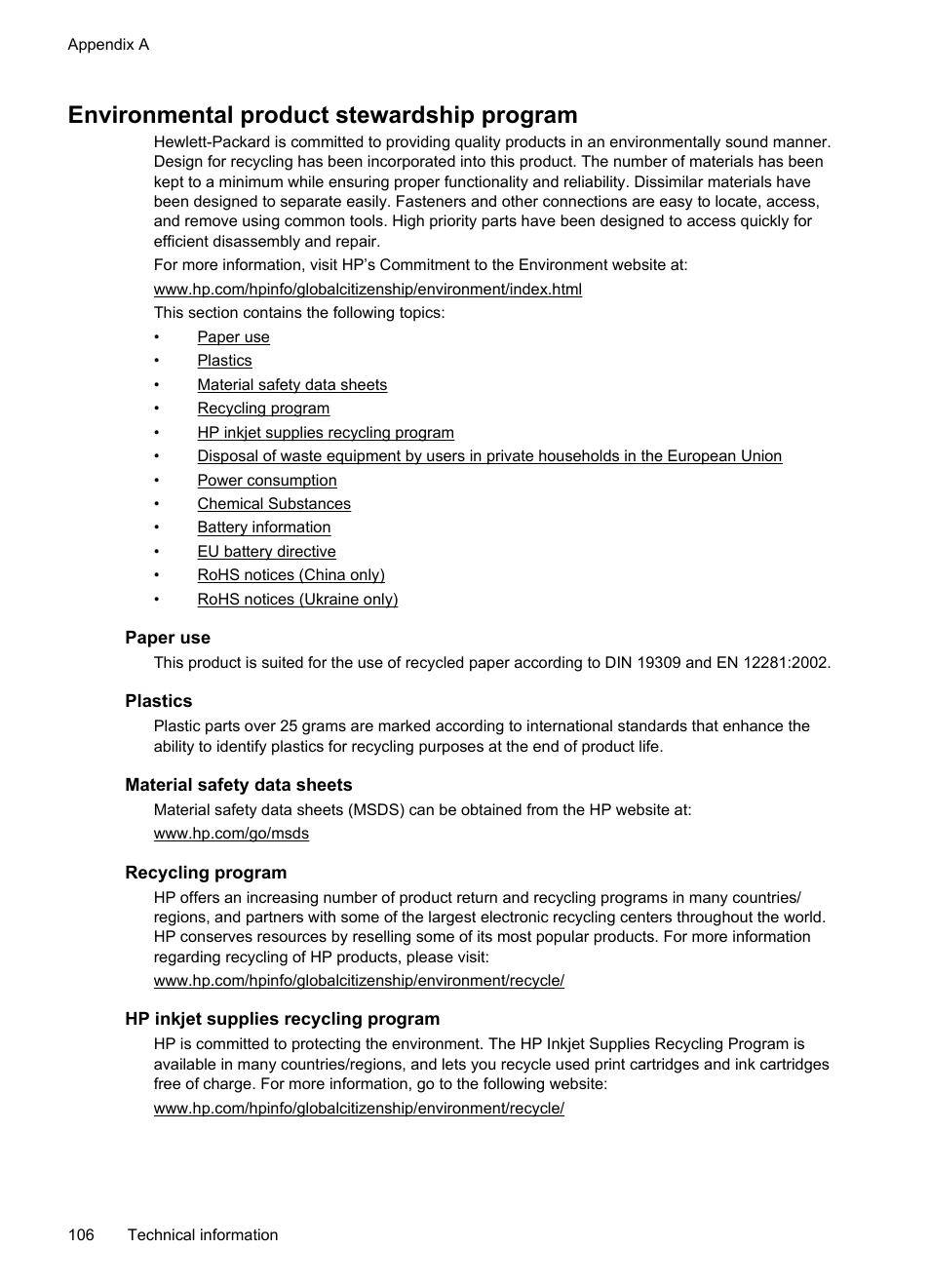 Environmental product stewardship program, Paper use, Plastics | Material safety data sheets, Recycling program, Hp inkjet supplies recycling program | HP Officejet Pro 8100 ePrinter - N811a N811d User Manual | Page 110 / 152