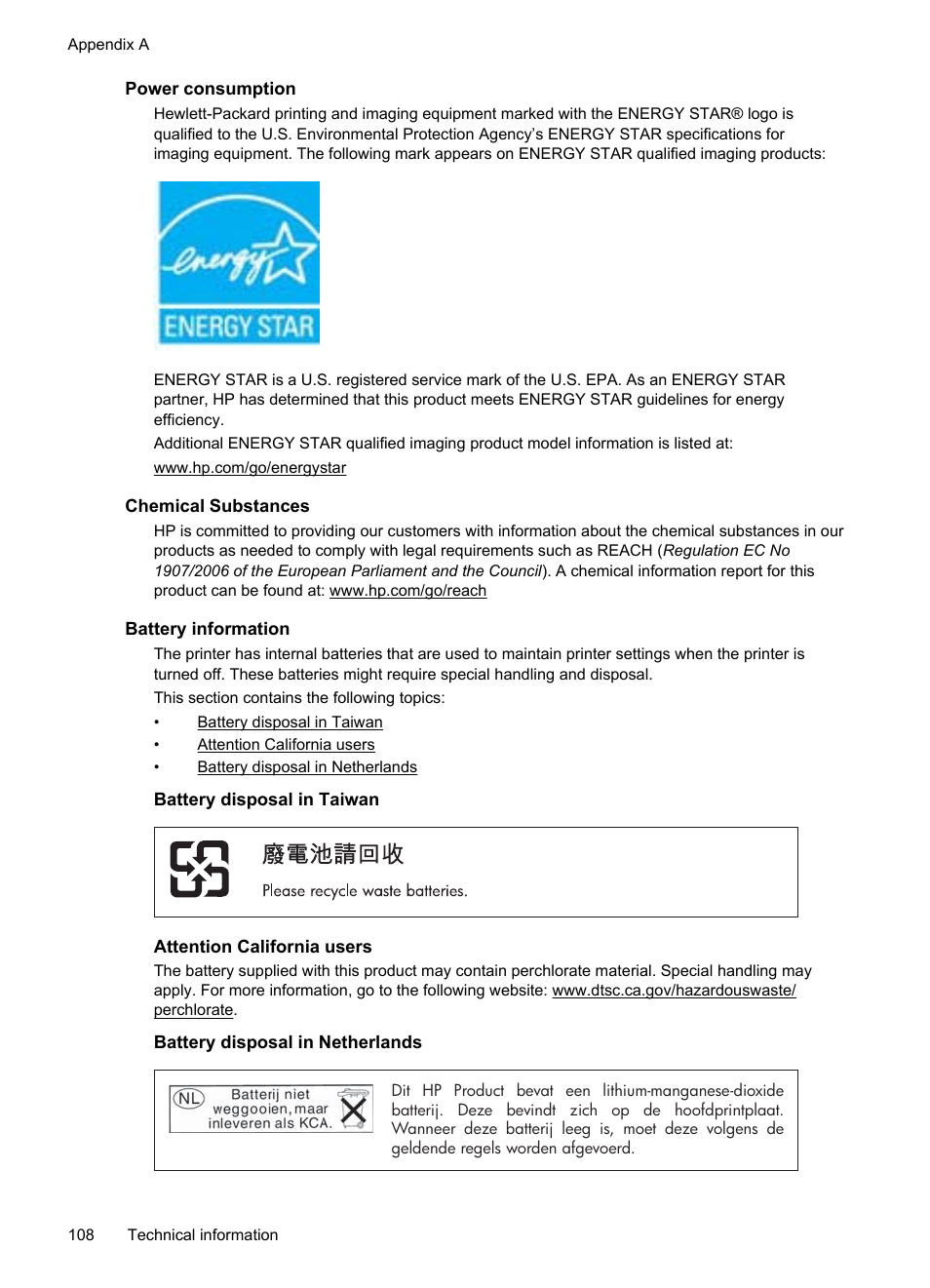 Power consumption, Chemical substances, Battery information | Battery disposal in taiwan, Attention california users, Battery disposal in netherlands | HP Officejet Pro 8100 ePrinter - N811a N811d User Manual | Page 112 / 152