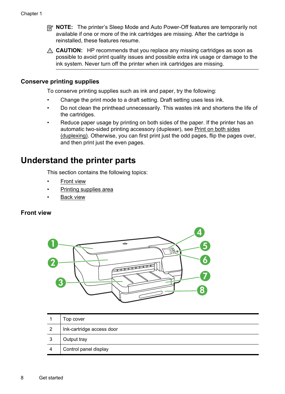 Conserve printing supplies, Understand the printer parts, Front view | Front view printing supplies area back view | HP Officejet Pro 8100 ePrinter - N811a N811d User Manual | Page 12 / 152