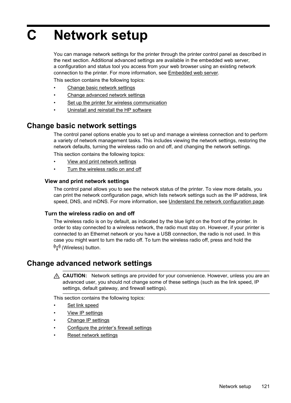 Network setup, Change basic network settings, View and print network settings | Turn the wireless radio on and off, Change advanced network settings, Creating and using firewall rules, Reset network settings, Cnetwork setup | HP Officejet Pro 8100 ePrinter - N811a N811d User Manual | Page 125 / 152