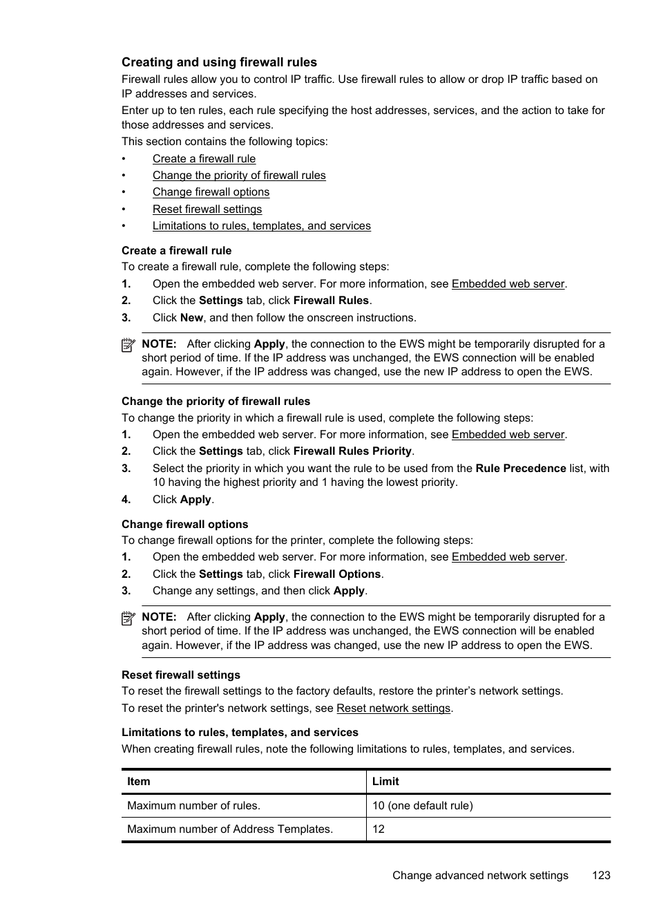 Creating and using firewall rules | HP Officejet Pro 8100 ePrinter - N811a N811d User Manual | Page 127 / 152