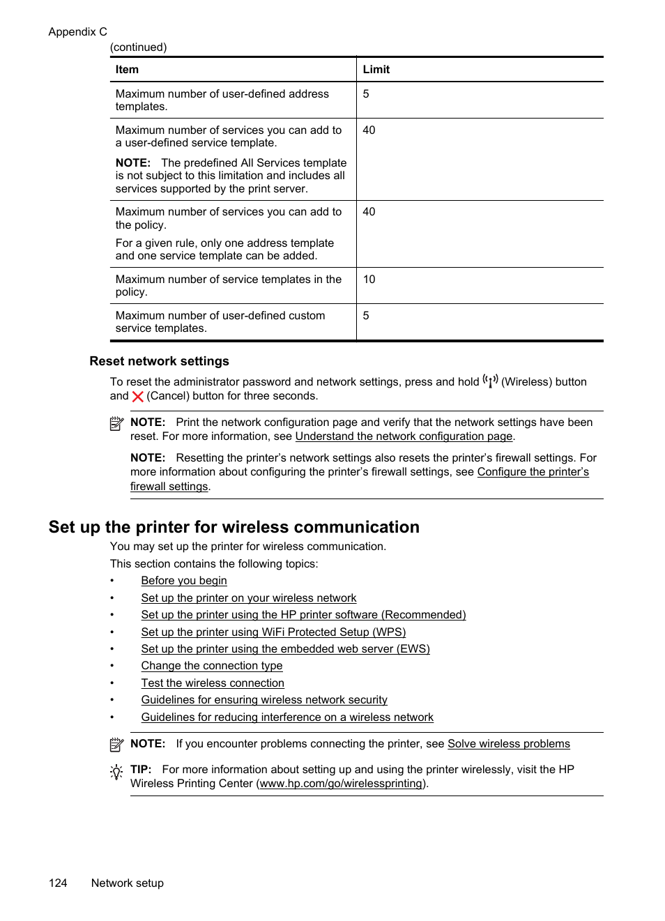 Reset network settings, Set up the printer for wireless communication, E reset network settings | HP Officejet Pro 8100 ePrinter - N811a N811d User Manual | Page 128 / 152