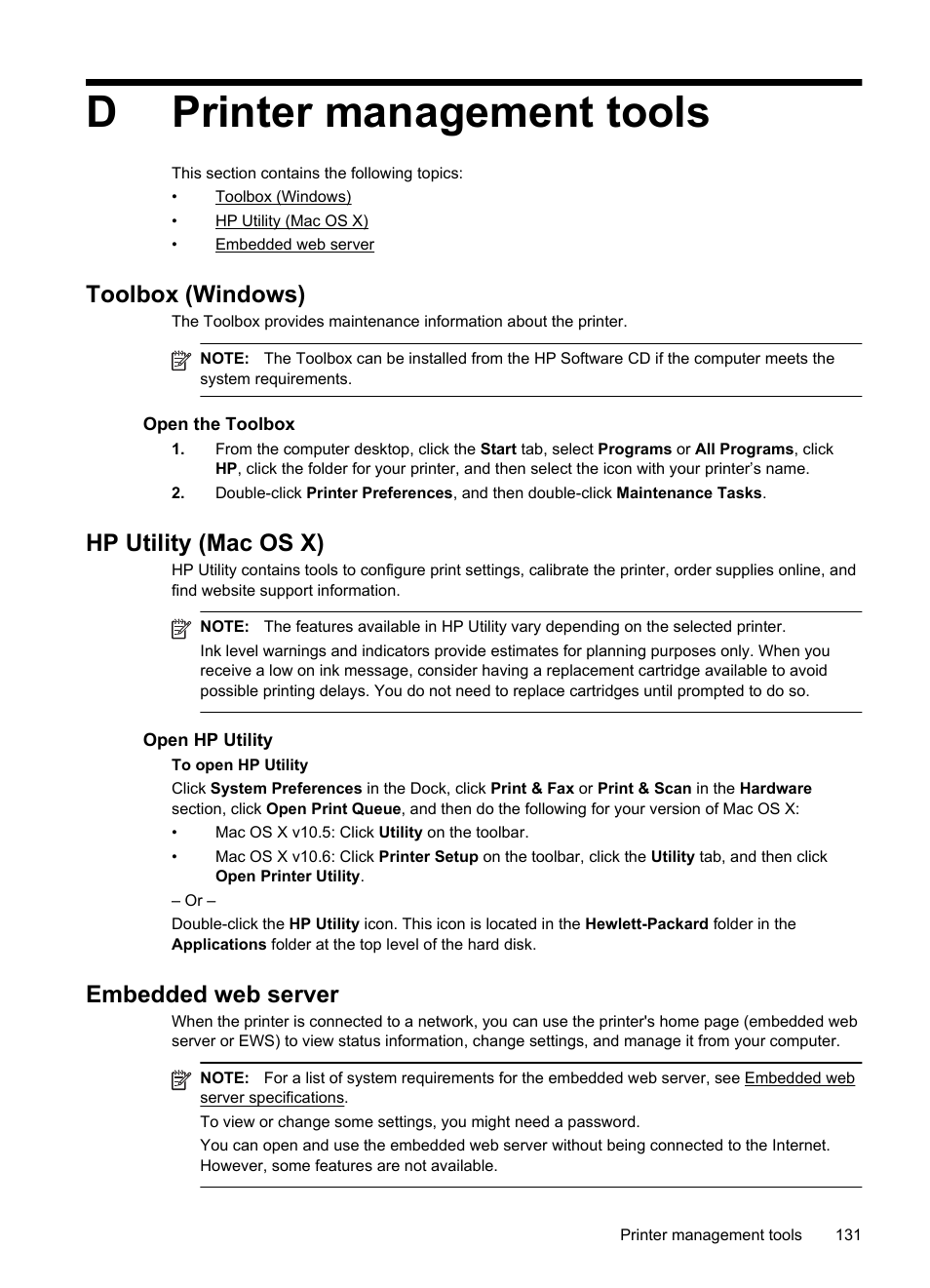 Printer management tools, Toolbox (windows), Hp utility (mac os x) | Embedded web server, About cookies, O open the embedded web server, Toolbox (windows).), Hp utility (mac os x).) in, See embedded web server, See open the toolbox | HP Officejet Pro 8100 ePrinter - N811a N811d User Manual | Page 135 / 152