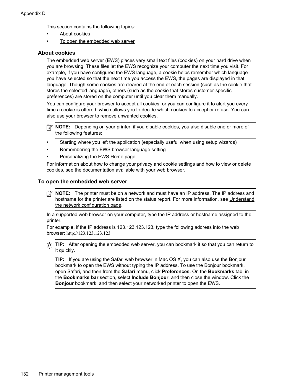 About cookies, To open the embedded web server | HP Officejet Pro 8100 ePrinter - N811a N811d User Manual | Page 136 / 152