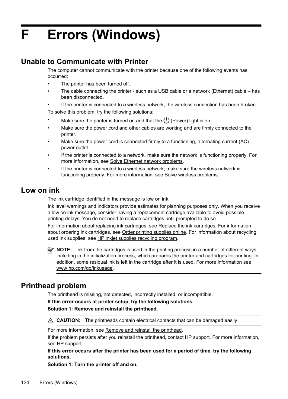 Ferrors (windows), Unable to communicate with printer, Low on ink | Printhead problem | HP Officejet Pro 8100 ePrinter - N811a N811d User Manual | Page 138 / 152