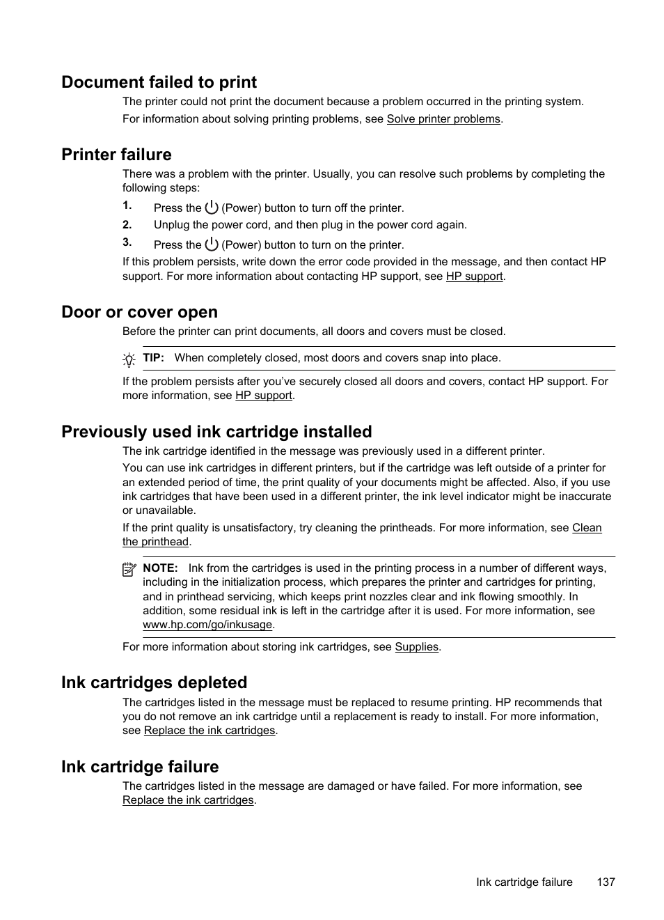 Document failed to print, Printer failure, Door or cover open | Previously used ink cartridge installed, Ink cartridges depleted, Ink cartridge failure | HP Officejet Pro 8100 ePrinter - N811a N811d User Manual | Page 141 / 152