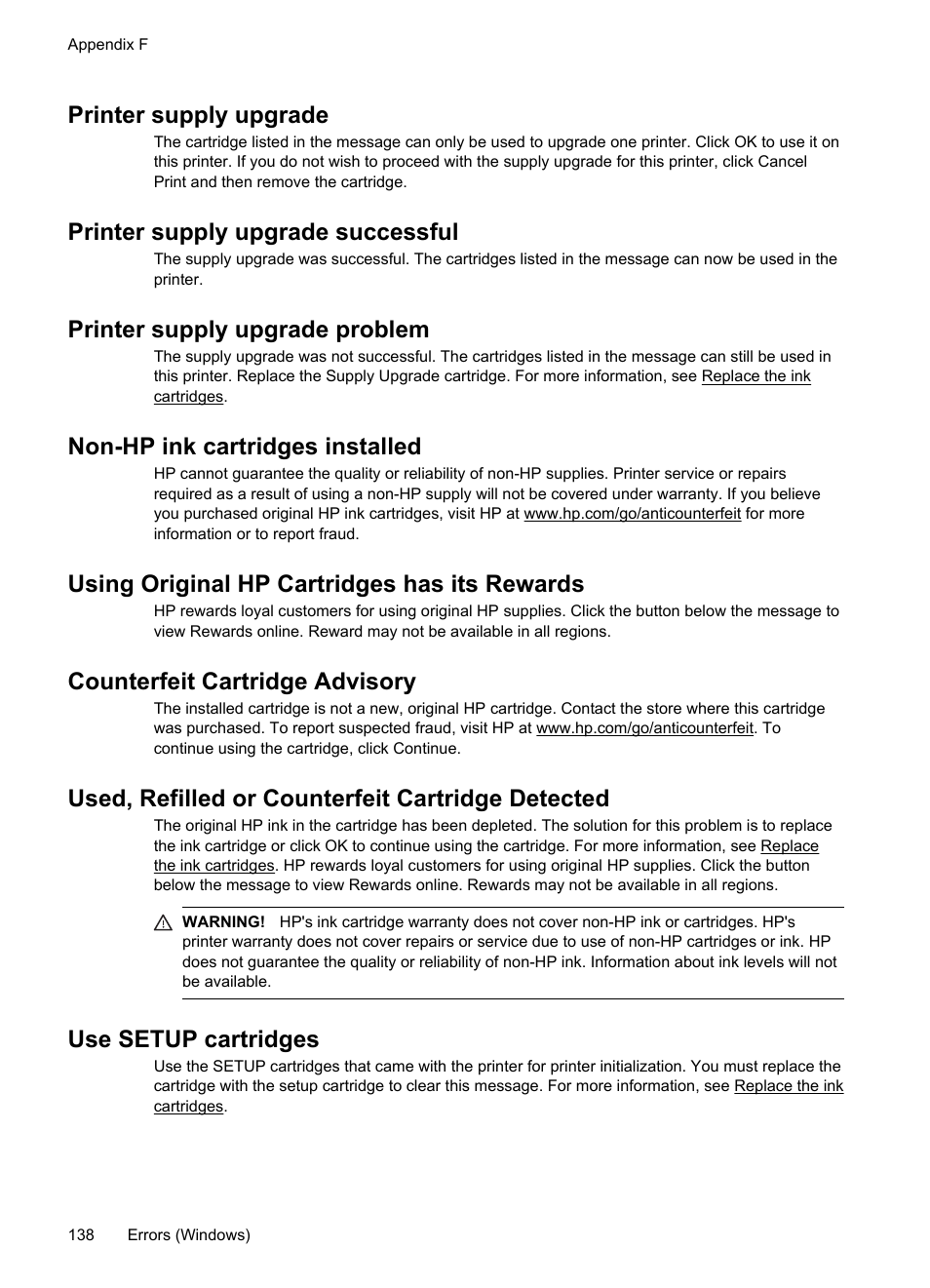 Printer supply upgrade, Printer supply upgrade successful, Printer supply upgrade problem | Non-hp ink cartridges installed, Using original hp cartridges has its rewards, Counterfeit cartridge advisory, Used, refilled or counterfeit cartridge detected, Use setup cartridges | HP Officejet Pro 8100 ePrinter - N811a N811d User Manual | Page 142 / 152