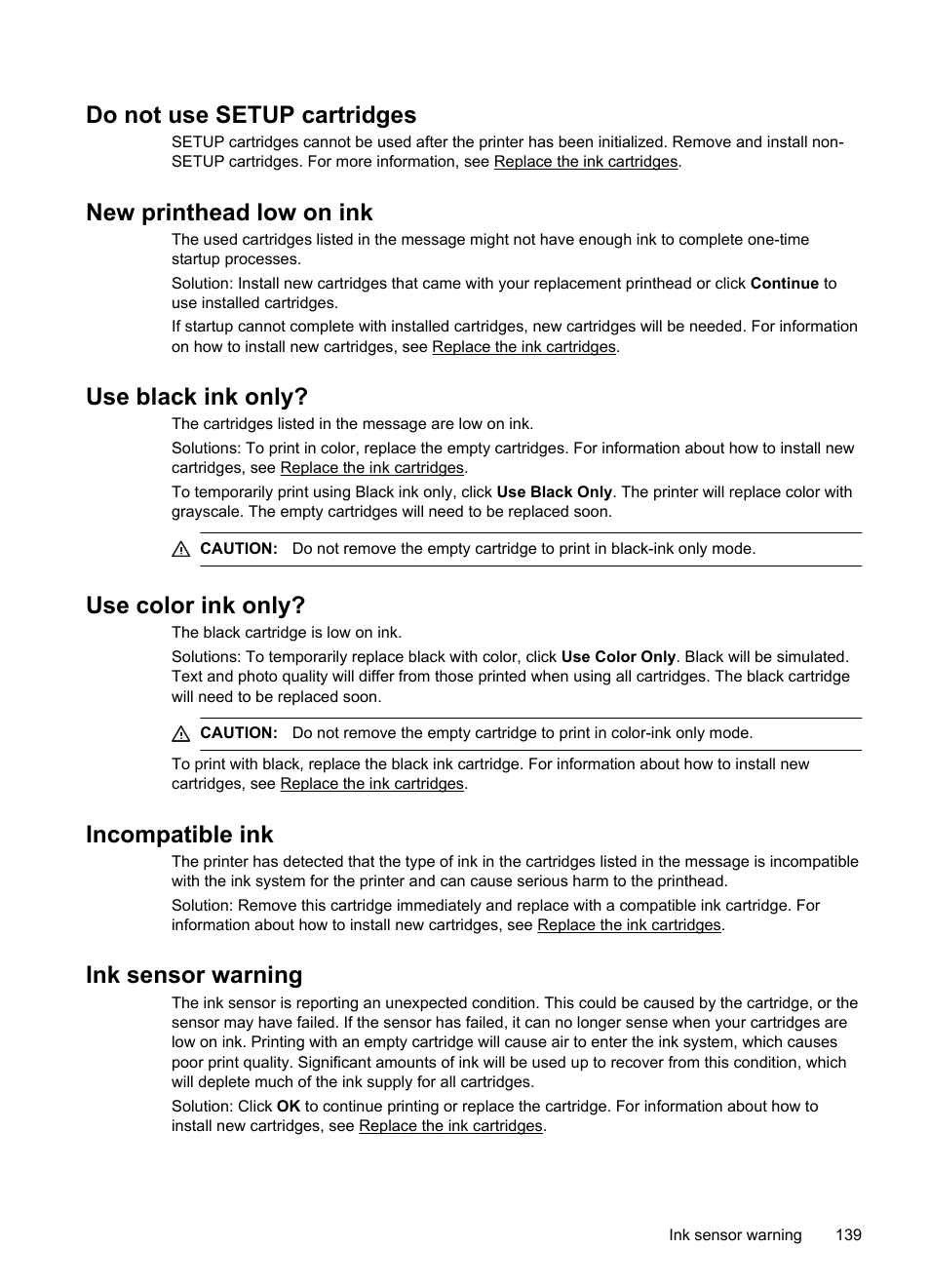 Do not use setup cartridges, New printhead low on ink, Use black ink only | Use color ink only, Incompatible ink, Ink sensor warning | HP Officejet Pro 8100 ePrinter - N811a N811d User Manual | Page 143 / 152