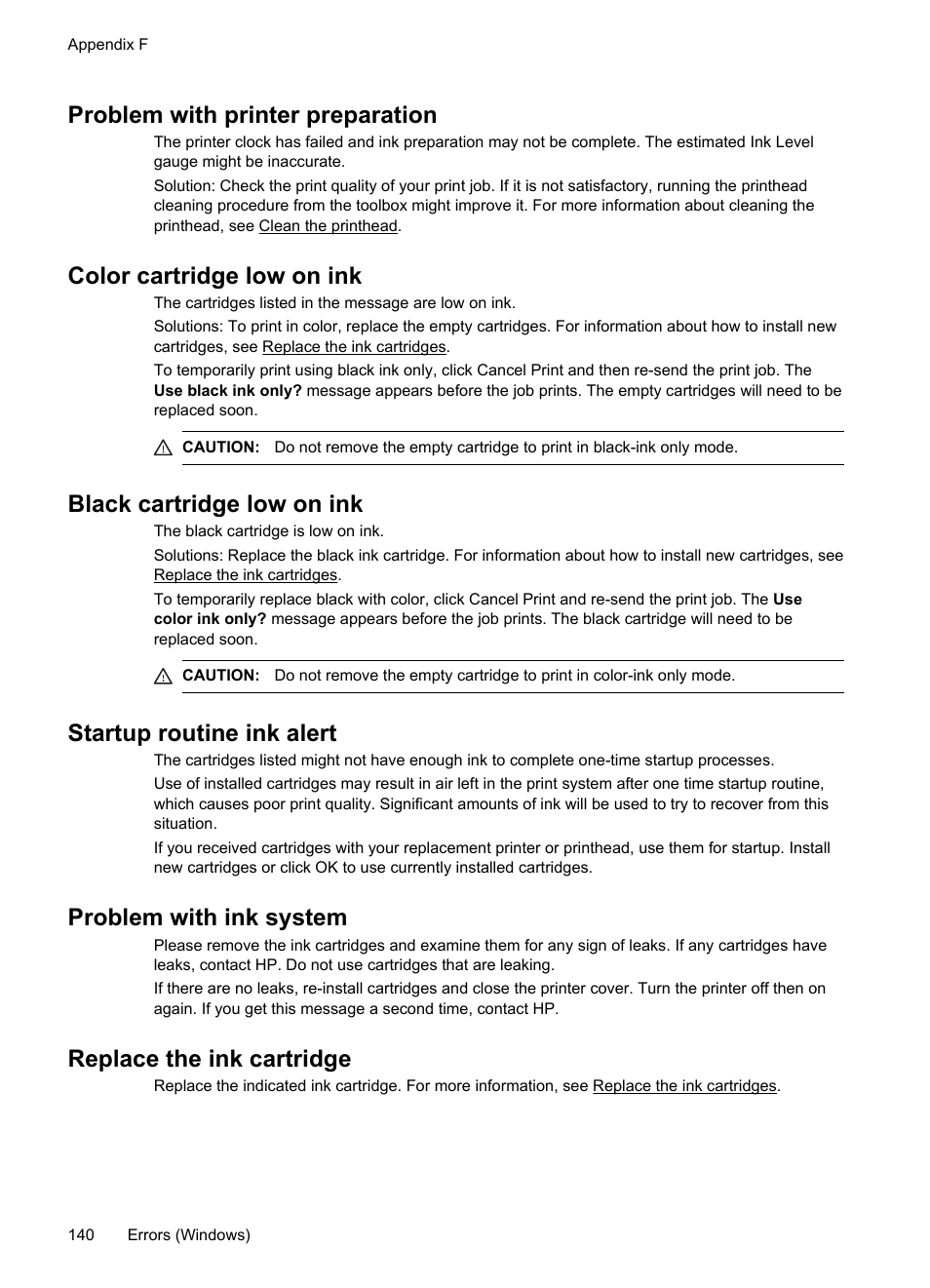 Problem with printer preparation, Color cartridge low on ink, Black cartridge low on ink | Startup routine ink alert, Problem with ink system, Replace the ink cartridge | HP Officejet Pro 8100 ePrinter - N811a N811d User Manual | Page 144 / 152