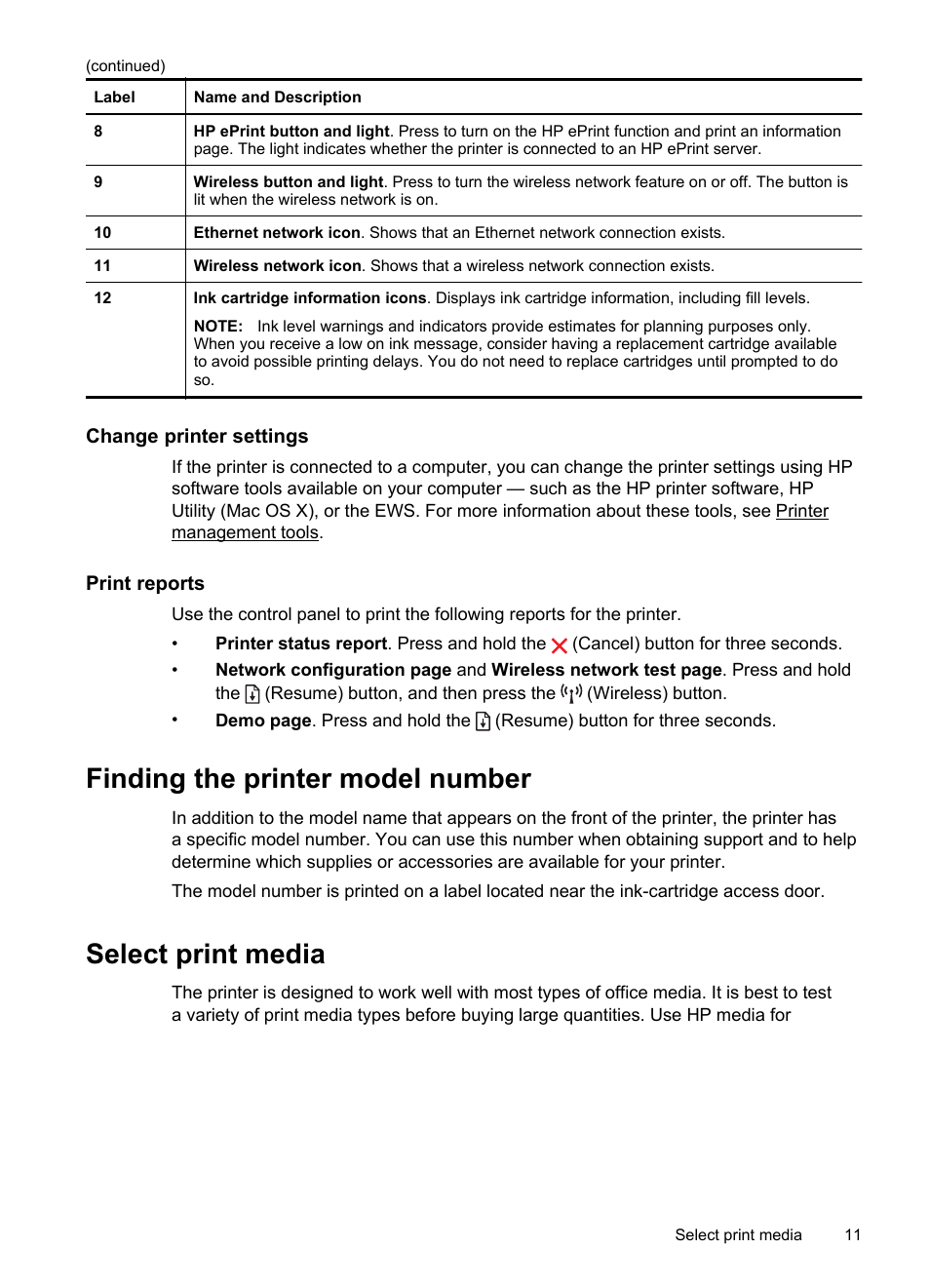 Change printer settings, Print reports, Finding the printer model number | Select print media, Ips for selecting and using media | HP Officejet Pro 8100 ePrinter - N811a N811d User Manual | Page 15 / 152