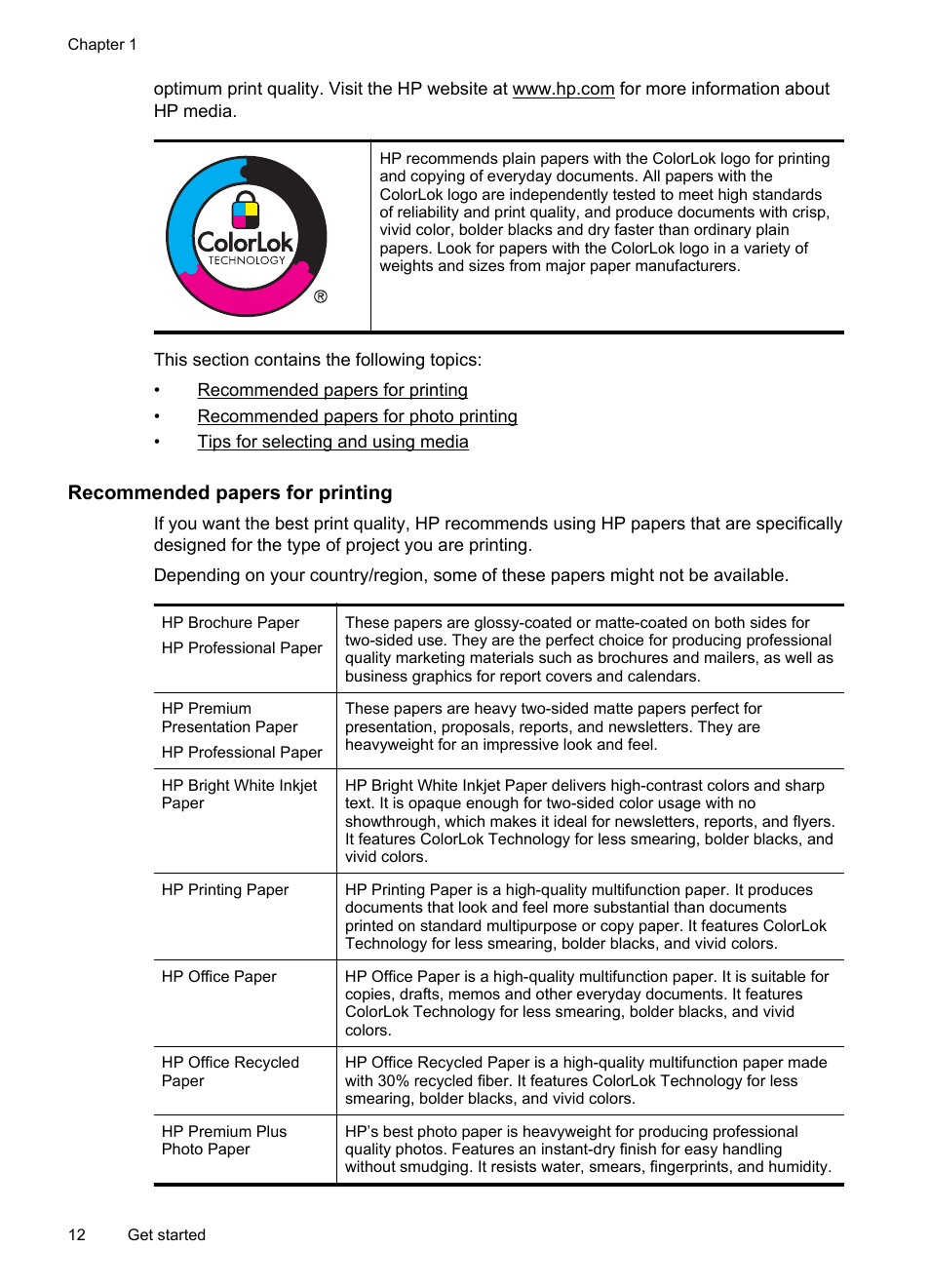 Recommended papers for printing | HP Officejet Pro 8100 ePrinter - N811a N811d User Manual | Page 16 / 152