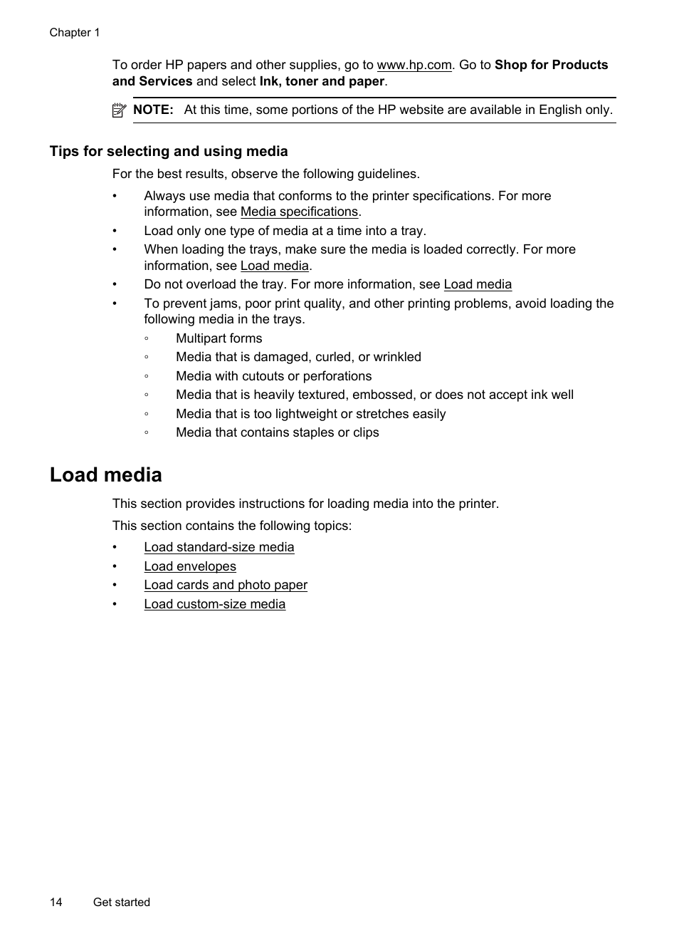 Tips for selecting and using media, Load media, Oad standard-size media | Oad envelopes, Oad cards and photo paper, Oad custom-size media | HP Officejet Pro 8100 ePrinter - N811a N811d User Manual | Page 18 / 152