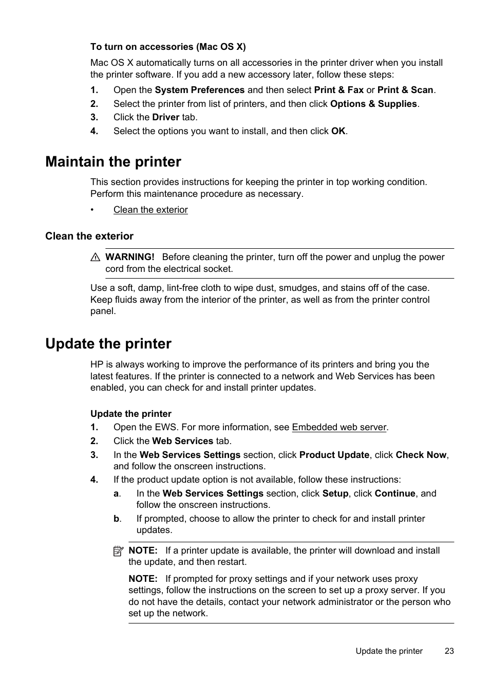 To turn on accessories (mac os x), Maintain the printer, Clean the exterior | Update the printer | HP Officejet Pro 8100 ePrinter - N811a N811d User Manual | Page 27 / 152