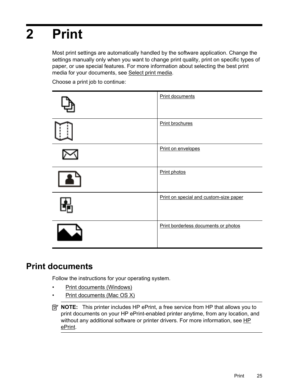 Print, Print documents, 2print | HP Officejet Pro 8100 ePrinter - N811a N811d User Manual | Page 29 / 152