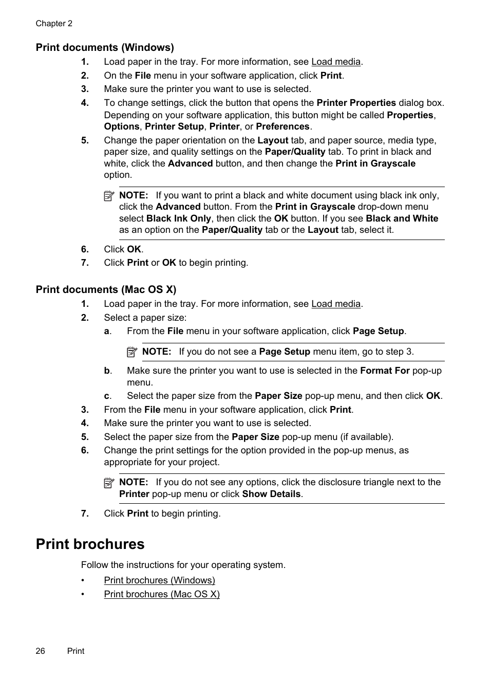 Print documents (windows), Print documents (mac os x), Print brochures | HP Officejet Pro 8100 ePrinter - N811a N811d User Manual | Page 30 / 152