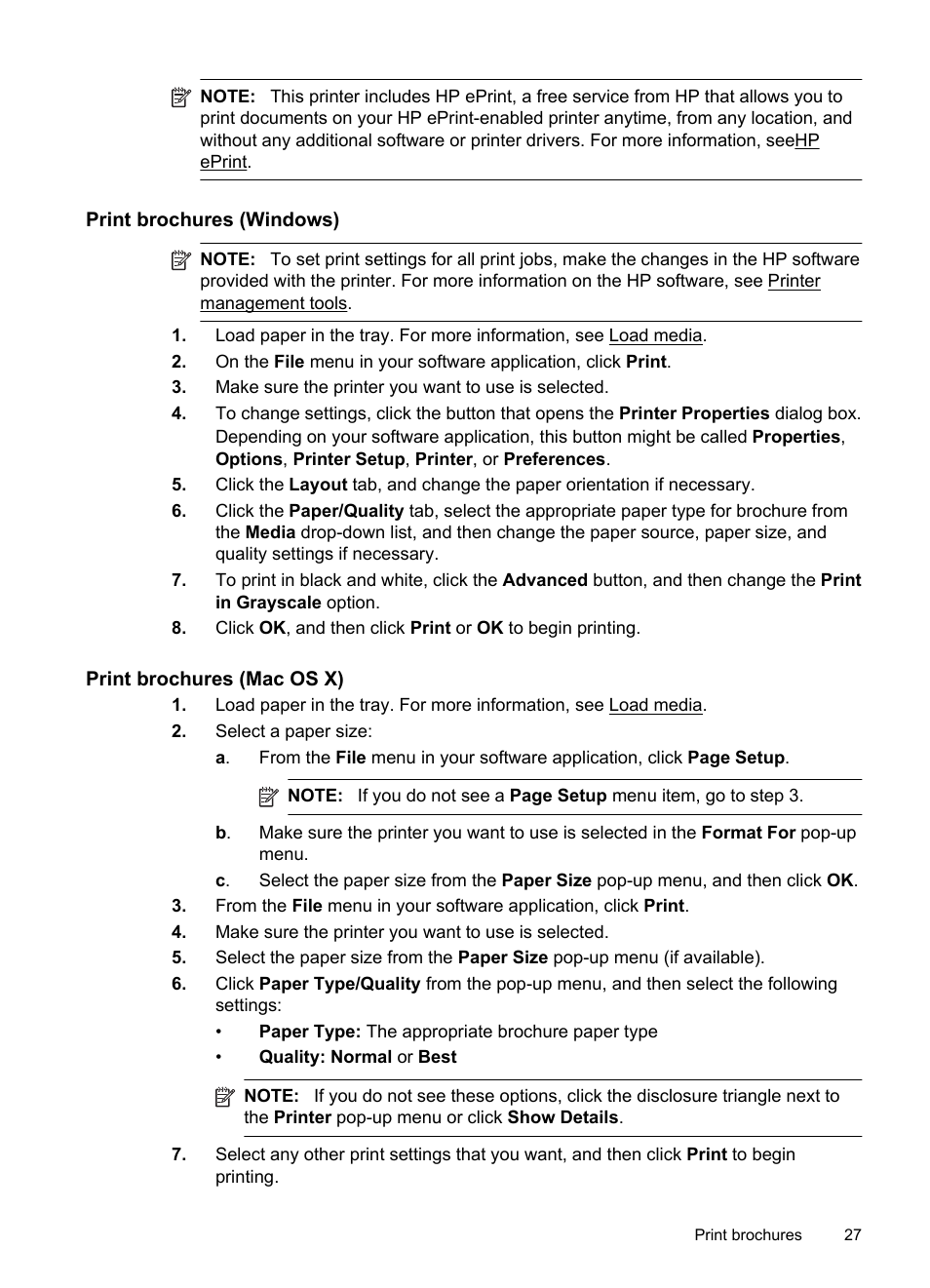 Print brochures (windows), Print brochures (mac os x) | HP Officejet Pro 8100 ePrinter - N811a N811d User Manual | Page 31 / 152