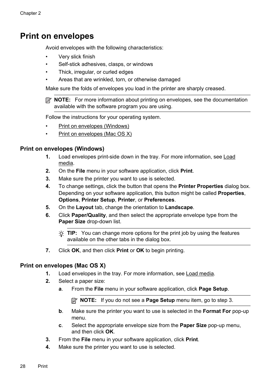 Print on envelopes, Print on envelopes (windows), Print on envelopes (mac os x) | HP Officejet Pro 8100 ePrinter - N811a N811d User Manual | Page 32 / 152