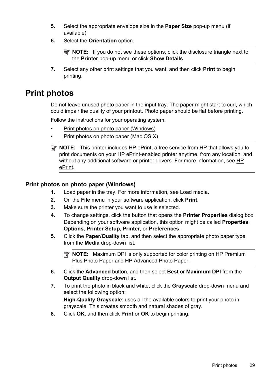 Print photos, Print photos on photo paper (windows) | HP Officejet Pro 8100 ePrinter - N811a N811d User Manual | Page 33 / 152