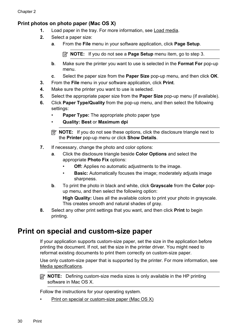 Print photos on photo paper (mac os x), Print on special and custom-size paper, Print on special or custom-size paper (mac os x) | HP Officejet Pro 8100 ePrinter - N811a N811d User Manual | Page 34 / 152