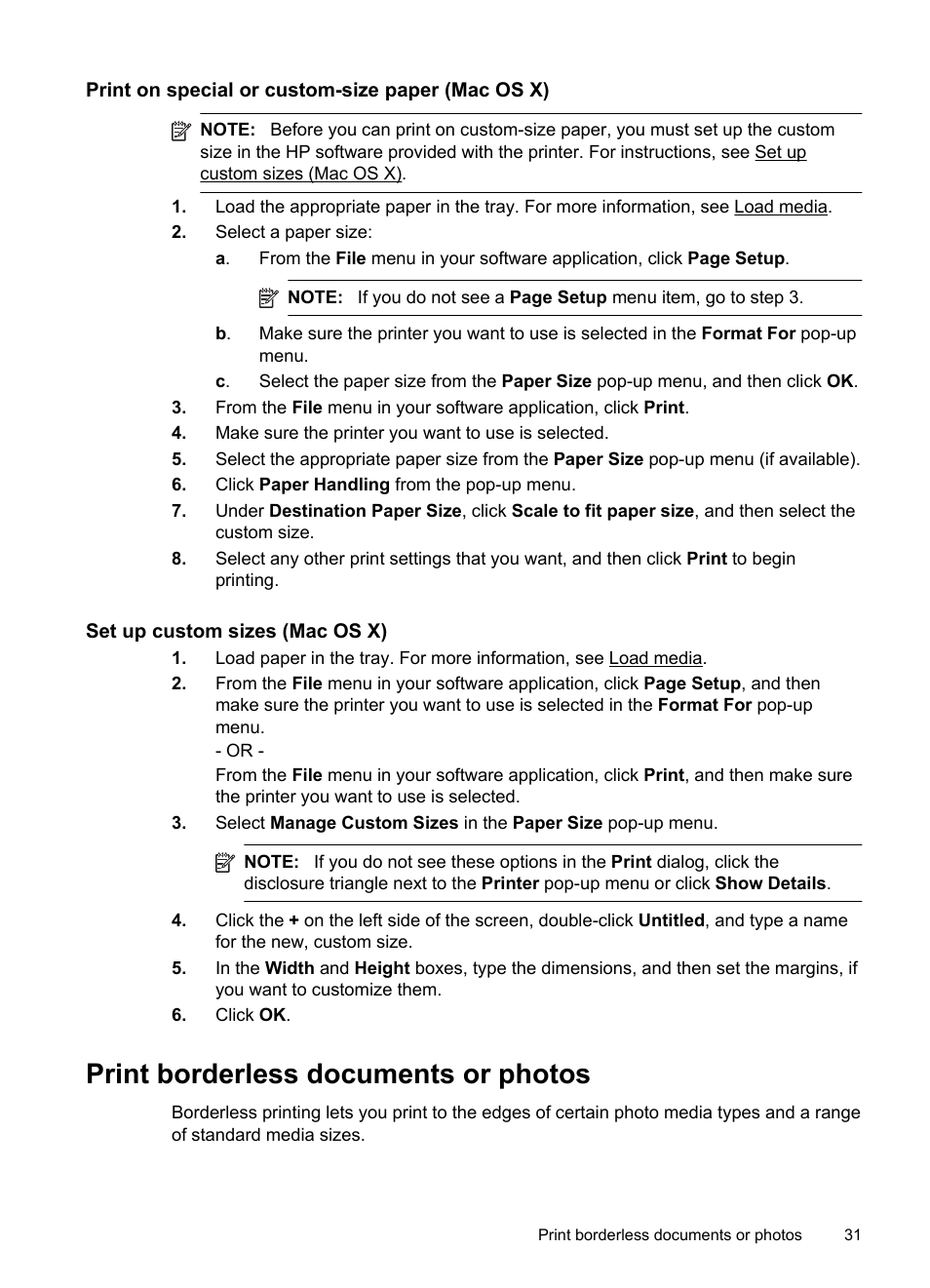 Print on special or custom-size paper (mac os x), Print borderless documents or photos | HP Officejet Pro 8100 ePrinter - N811a N811d User Manual | Page 35 / 152