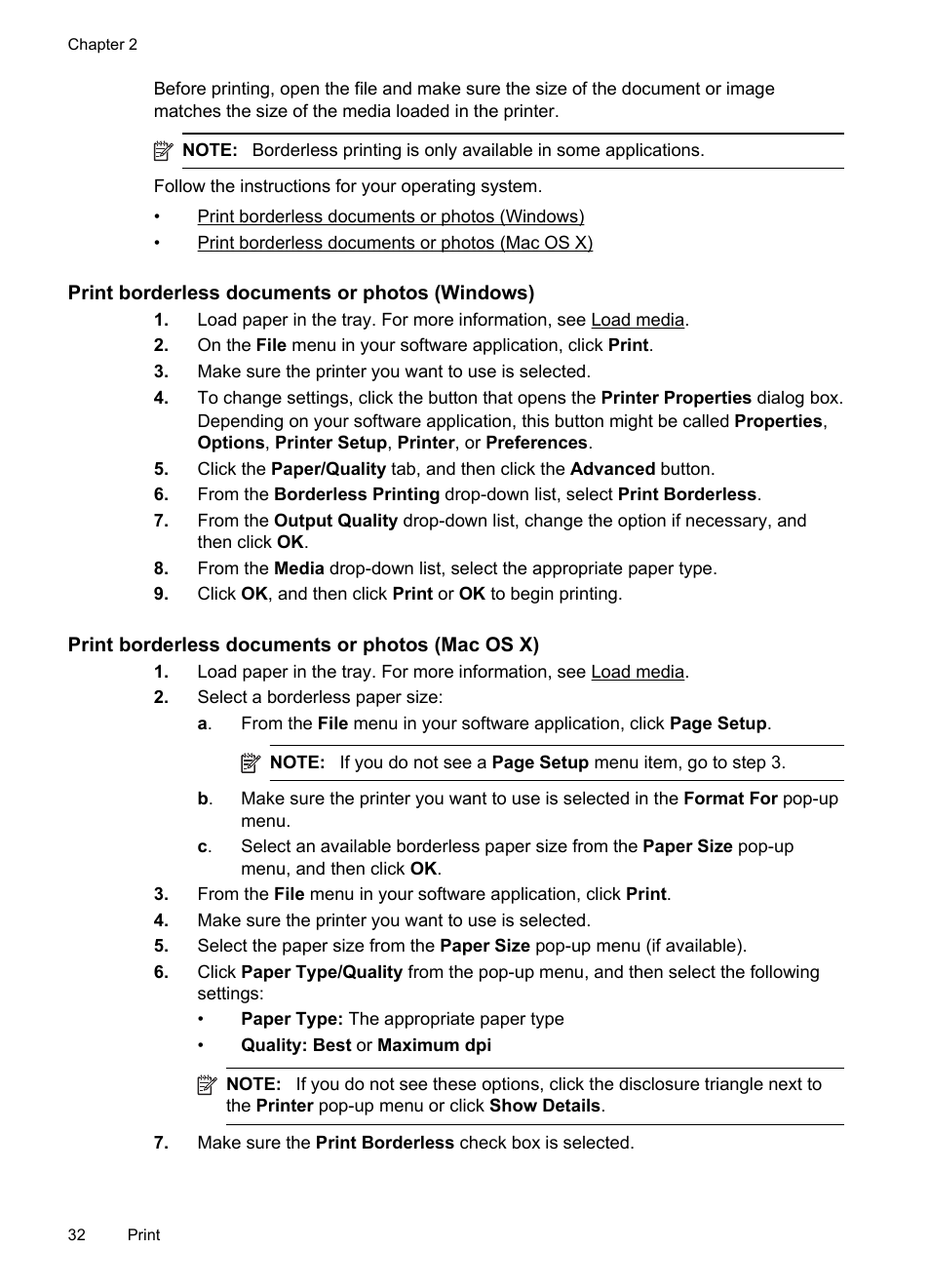 Print borderless documents or photos (windows), Print borderless documents or photos (mac os x) | HP Officejet Pro 8100 ePrinter - N811a N811d User Manual | Page 36 / 152