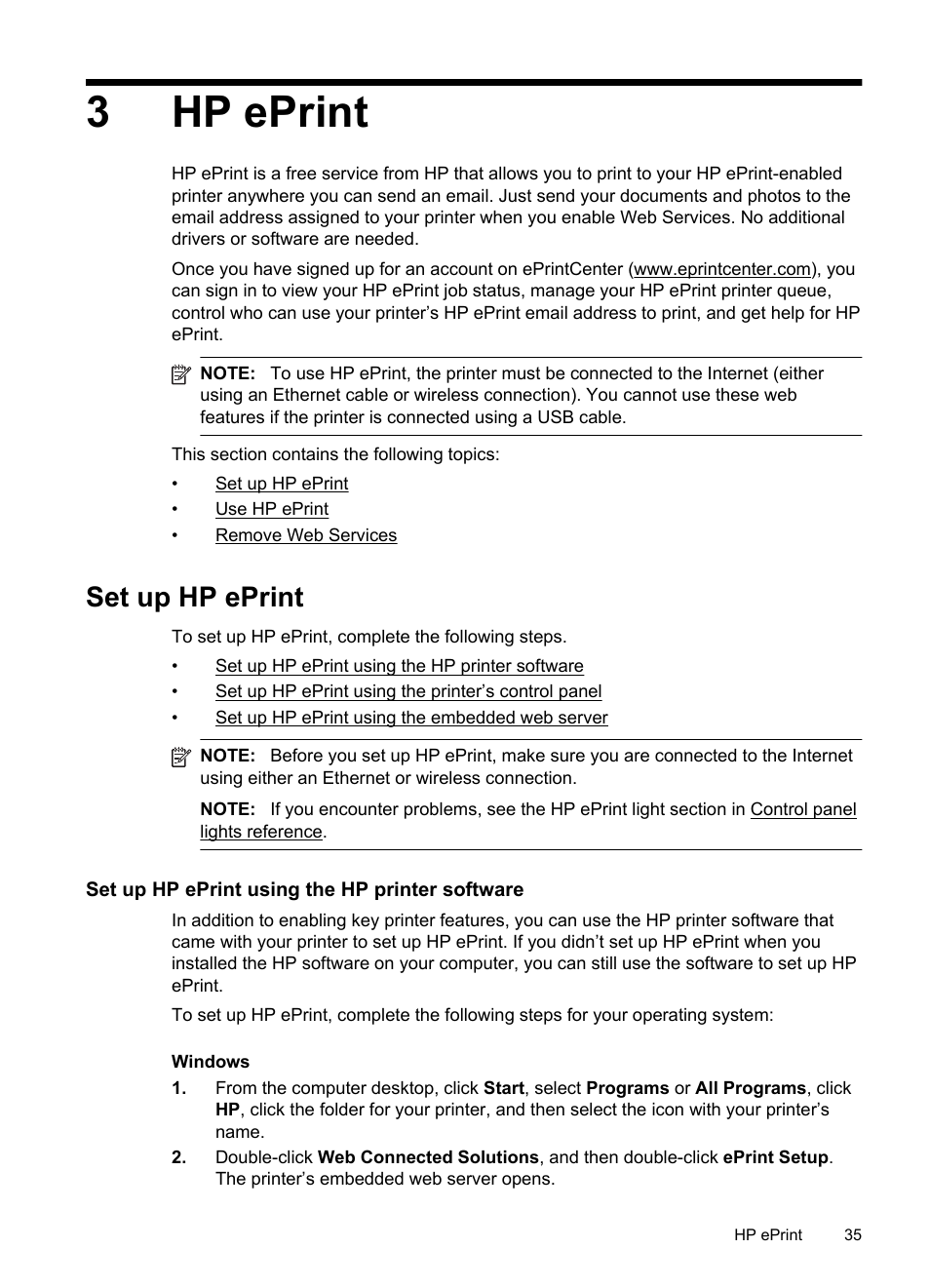 Hp eprint, Set up hp eprint, Set up hp eprint using the hp printer software | See hp eprint, Seehp eprint, 3hp eprint | HP Officejet Pro 8100 ePrinter - N811a N811d User Manual | Page 39 / 152