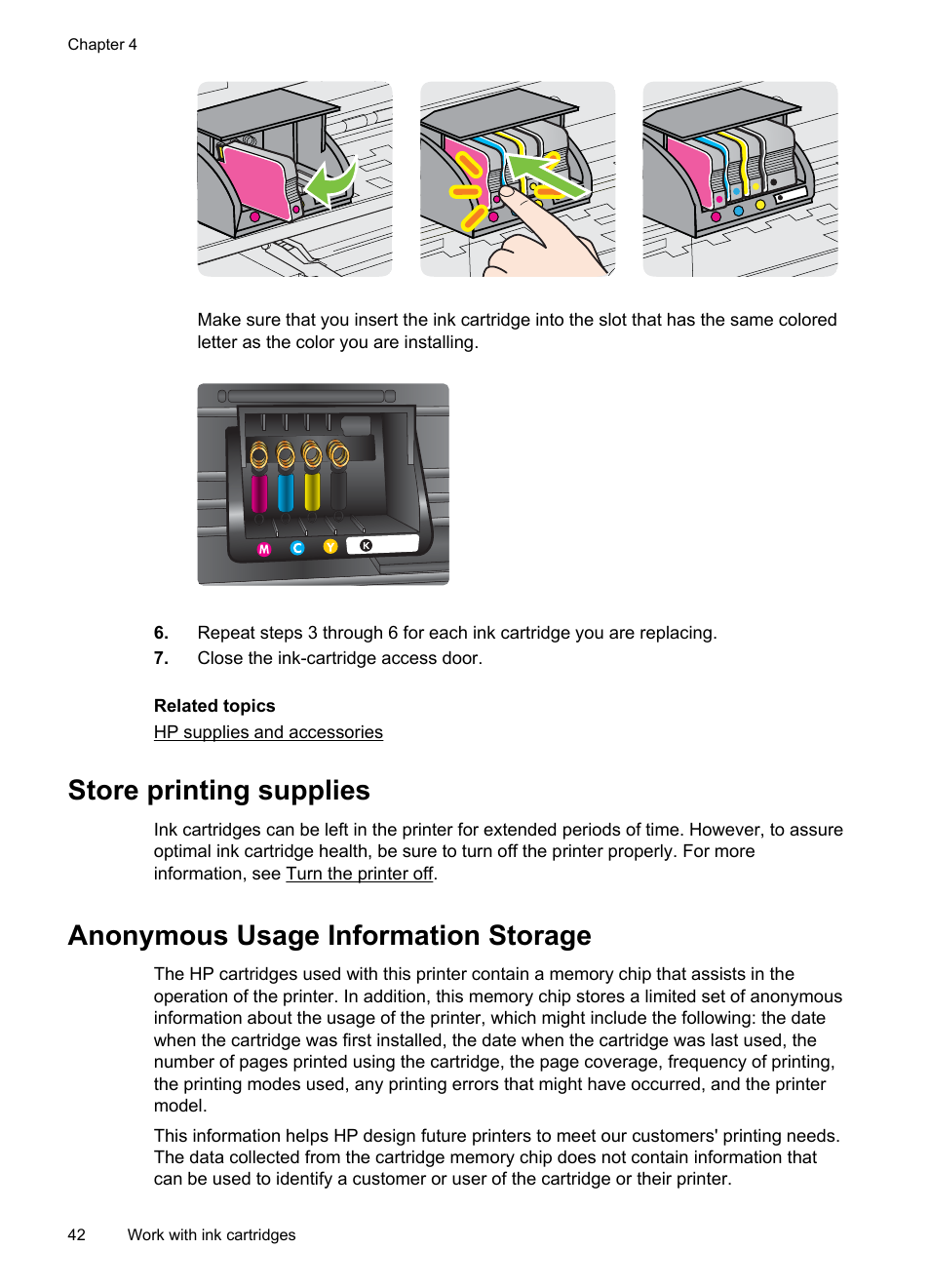 Store printing supplies, Anonymous usage information storage | HP Officejet Pro 8100 ePrinter - N811a N811d User Manual | Page 46 / 152