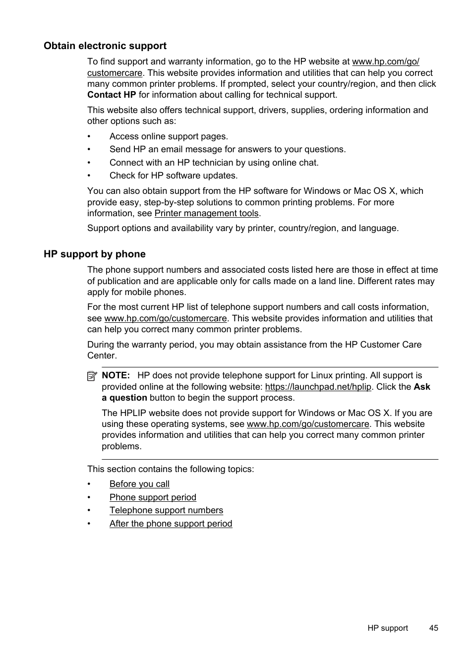 Obtain electronic support, Hp support by phone, E hp support by phone | HP Officejet Pro 8100 ePrinter - N811a N811d User Manual | Page 49 / 152