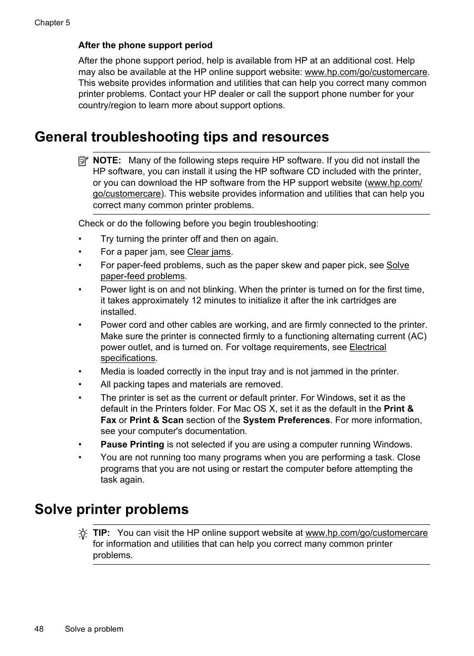 After the phone support period, General troubleshooting tips and resources, Solve printer problems | He printer shuts down unexpectedly alignment fails, He printer is not responding (nothing prints), He printer prints slowly | HP Officejet Pro 8100 ePrinter - N811a N811d User Manual | Page 52 / 152