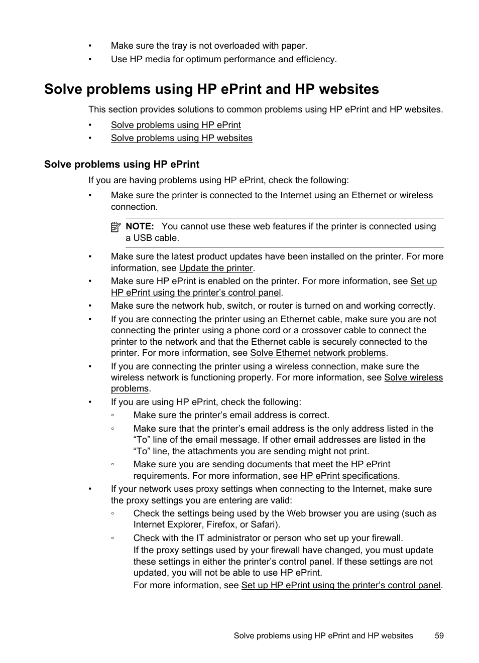 Solve problems using hp eprint and hp websites, Solve problems using hp eprint | HP Officejet Pro 8100 ePrinter - N811a N811d User Manual | Page 63 / 152