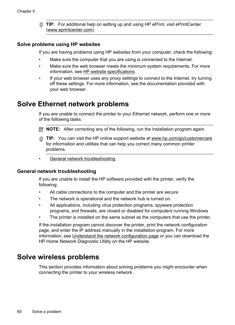 Solve problems using hp websites, Solve ethernet network problems, General network troubleshooting | Solve wireless problems, After resolving the problems | HP Officejet Pro 8100 ePrinter - N811a N811d User Manual | Page 64 / 152