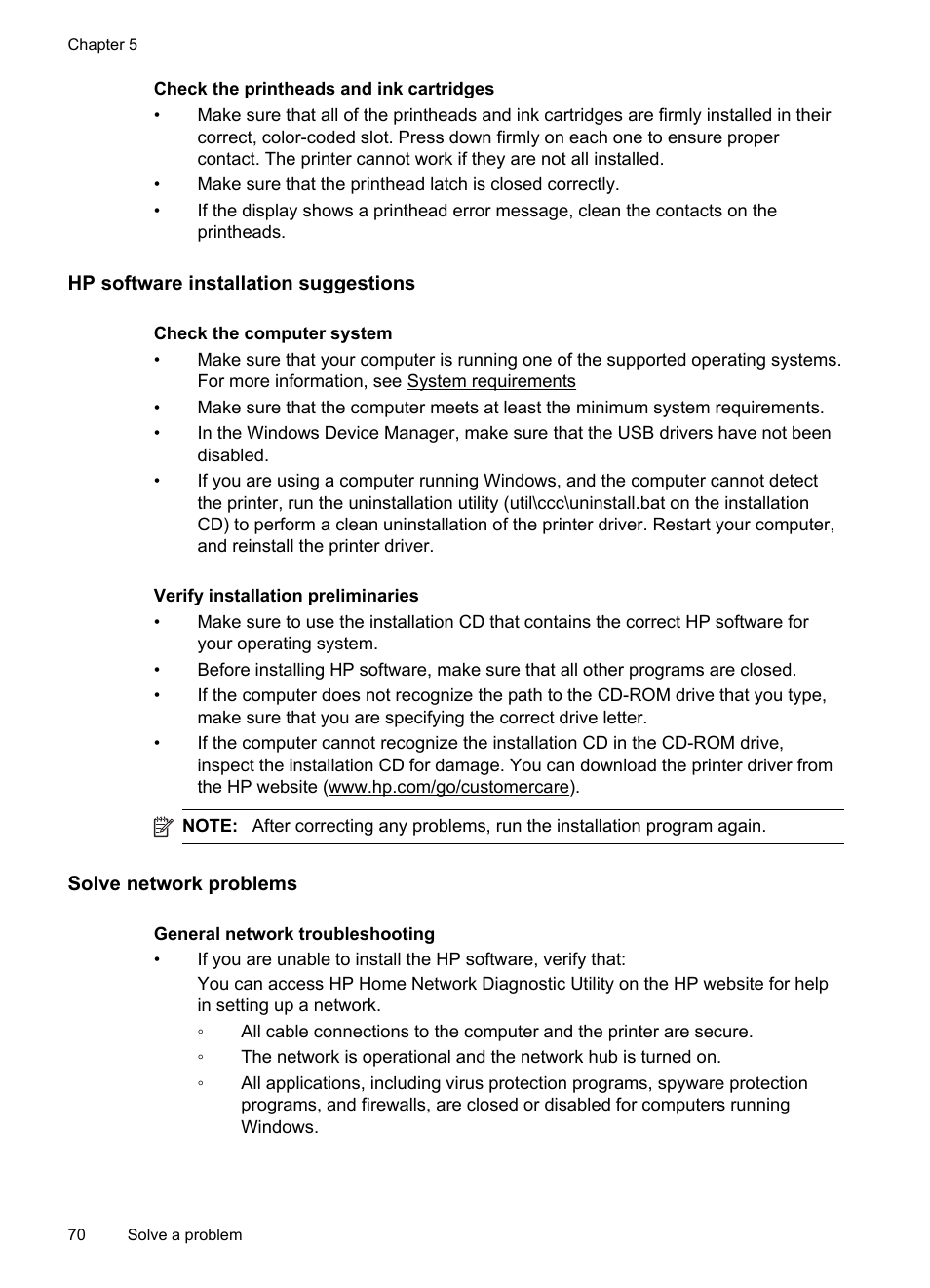 Hp software installation suggestions, Solve network problems | HP Officejet Pro 8100 ePrinter - N811a N811d User Manual | Page 74 / 152