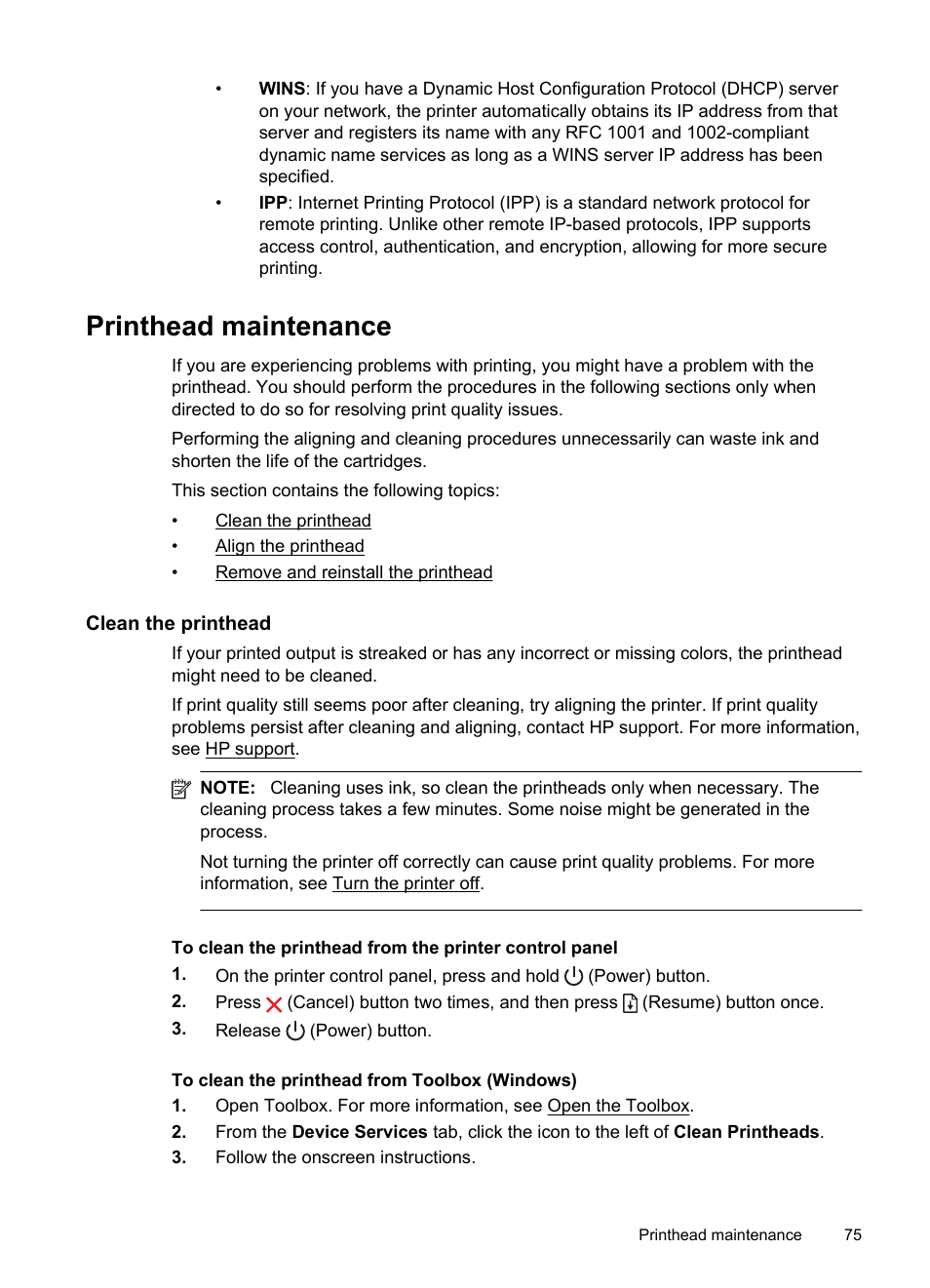 Printhead maintenance, Clean the printhead, E clean the printhead | HP Officejet Pro 8100 ePrinter - N811a N811d User Manual | Page 79 / 152