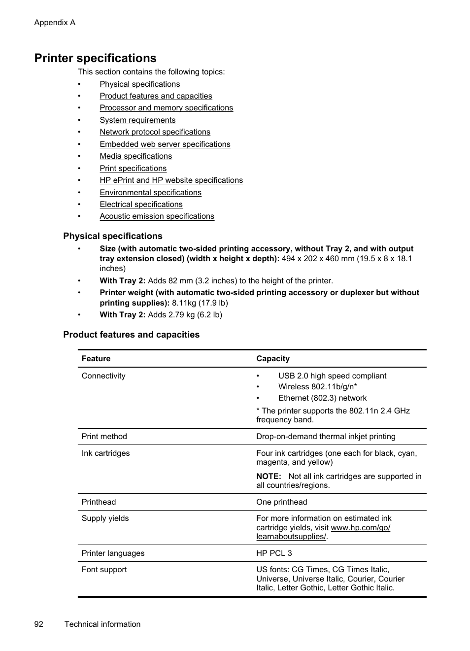 Printer specifications, Physical specifications, Product features and capacities | Hp eprint specifications hp website specifications | HP Officejet Pro 8100 ePrinter - N811a N811d User Manual | Page 96 / 152