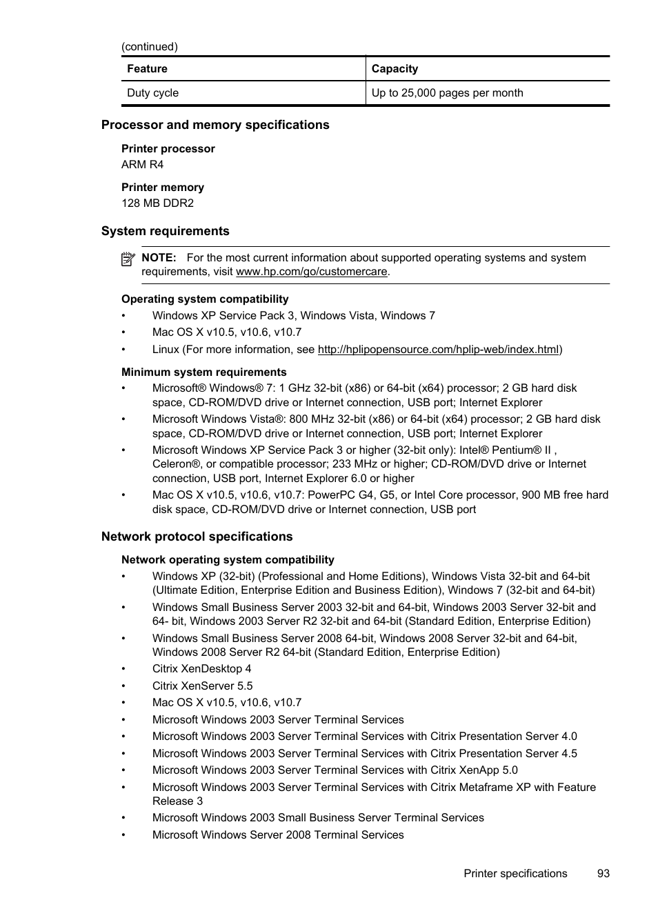 Processor and memory specifications, System requirements, Network protocol specifications | E system requirements | HP Officejet Pro 8100 ePrinter - N811a N811d User Manual | Page 97 / 152