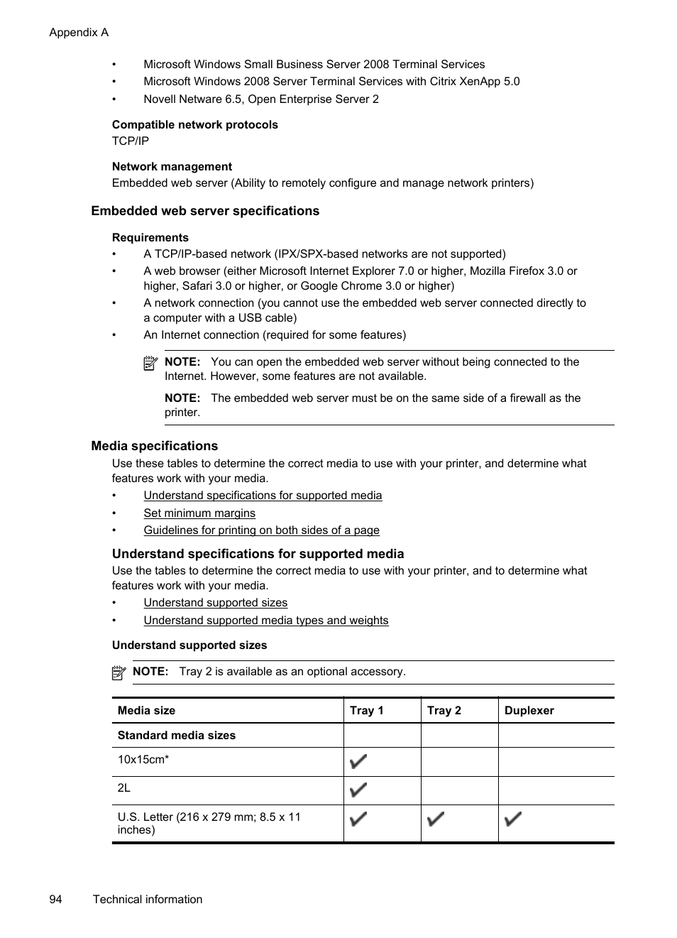 Embedded web server specifications, Media specifications, Understand specifications for supported media | E media specifications | HP Officejet Pro 8100 ePrinter - N811a N811d User Manual | Page 98 / 152