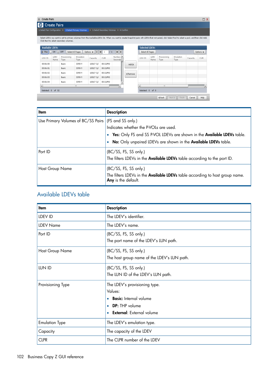 Available ldevs table | HP XP P9500 Storage User Manual | Page 102 / 155