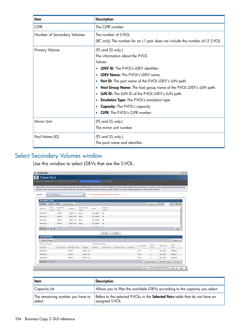 Select secondary volumes window | HP XP P9500 Storage User Manual | Page 104 / 155