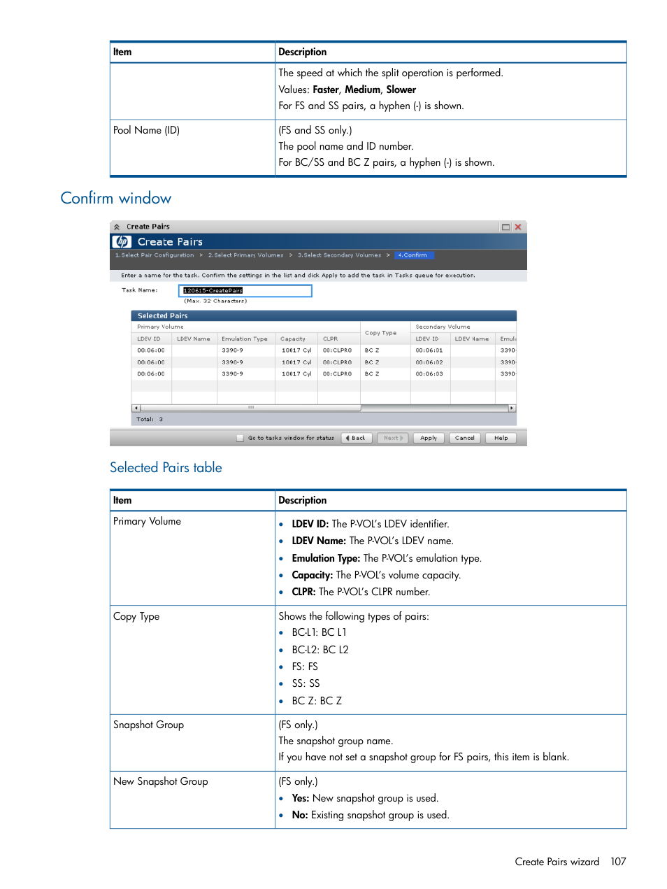 Confirm window, Selected pairs table | HP XP P9500 Storage User Manual | Page 107 / 155